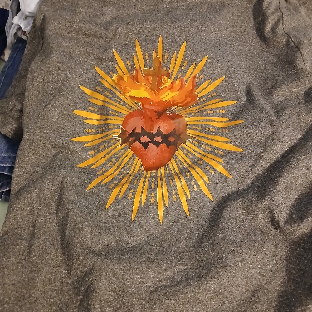 Gray T-Shirt with Heart and Flame Design